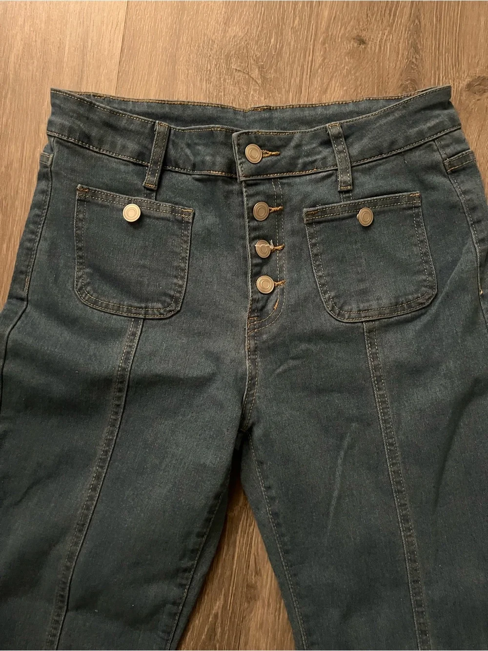 Women's Blue Flare Jeans with Front Button Detail- Retro Sailor Jeans